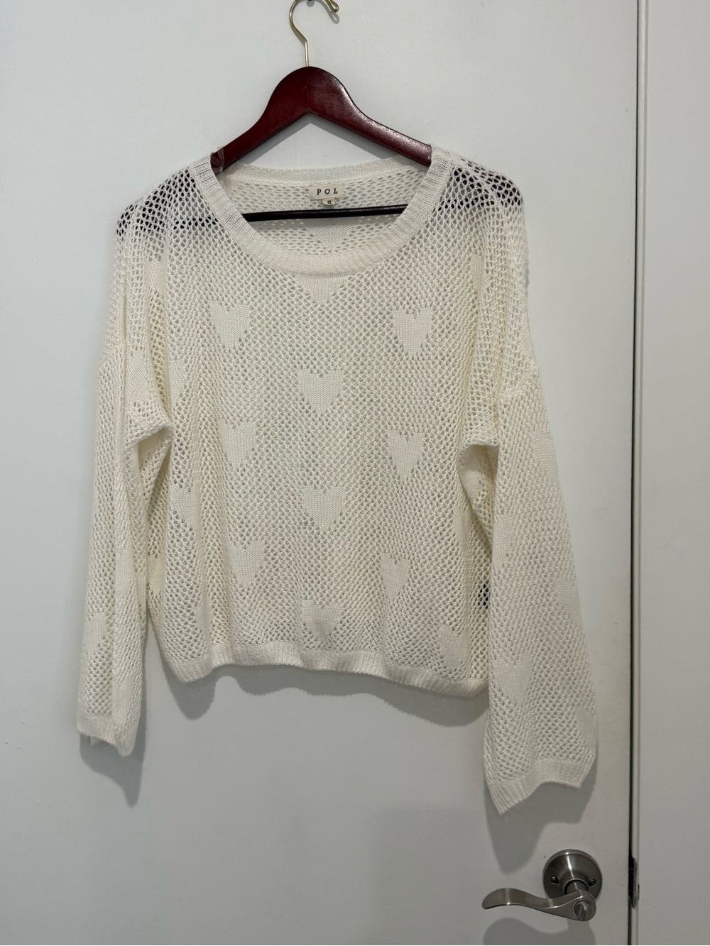 POL Heart Sweater Cream Ivory Open Knit Crochet Knit Pullover S